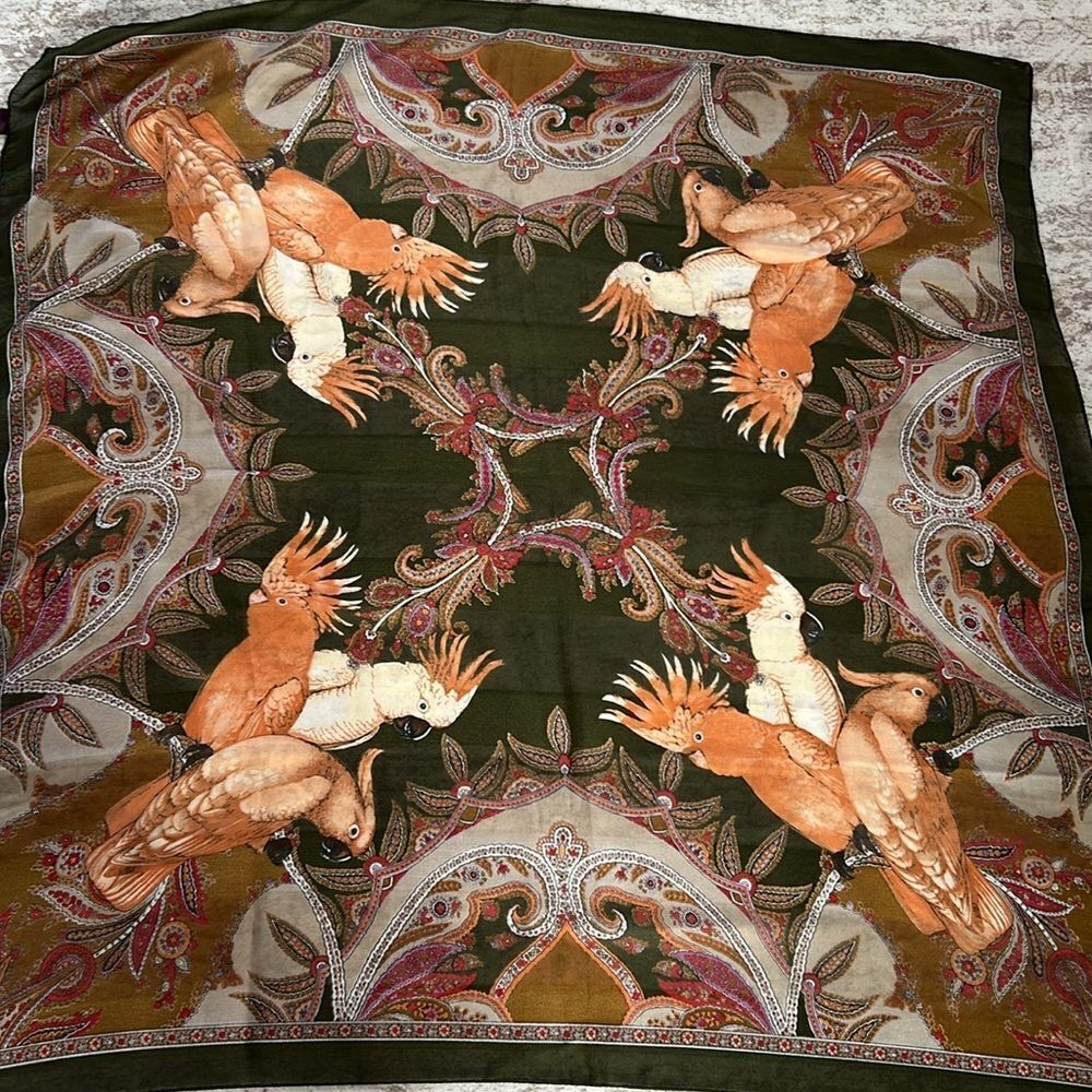 Gim Renoir Exotic Bird Print Scarf 34”x34” made in Italy